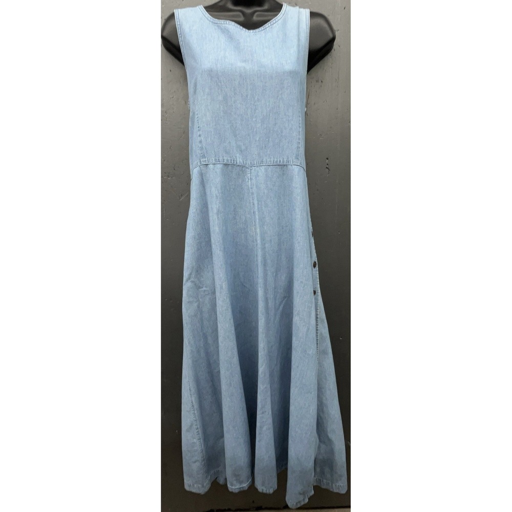 LL Bean Denim Dress 8‎ Blue Sleeveless Maxi Buttons Cotton Preppy Casual Classic